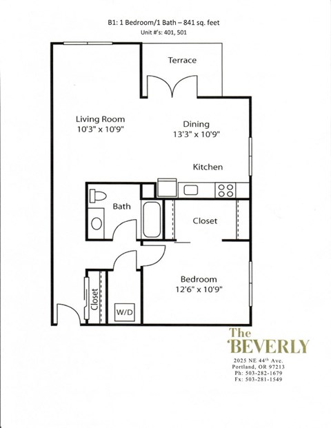 Floor plan for 1 bed, 1 bath, 841 sqft